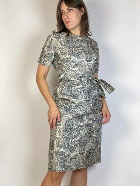 Vintage 1960s TOILE Scenic Village Life Dress! Size 6